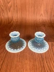 Pair of Vintage Fenton blue opalescent hobnail glass candleholders Excellent!