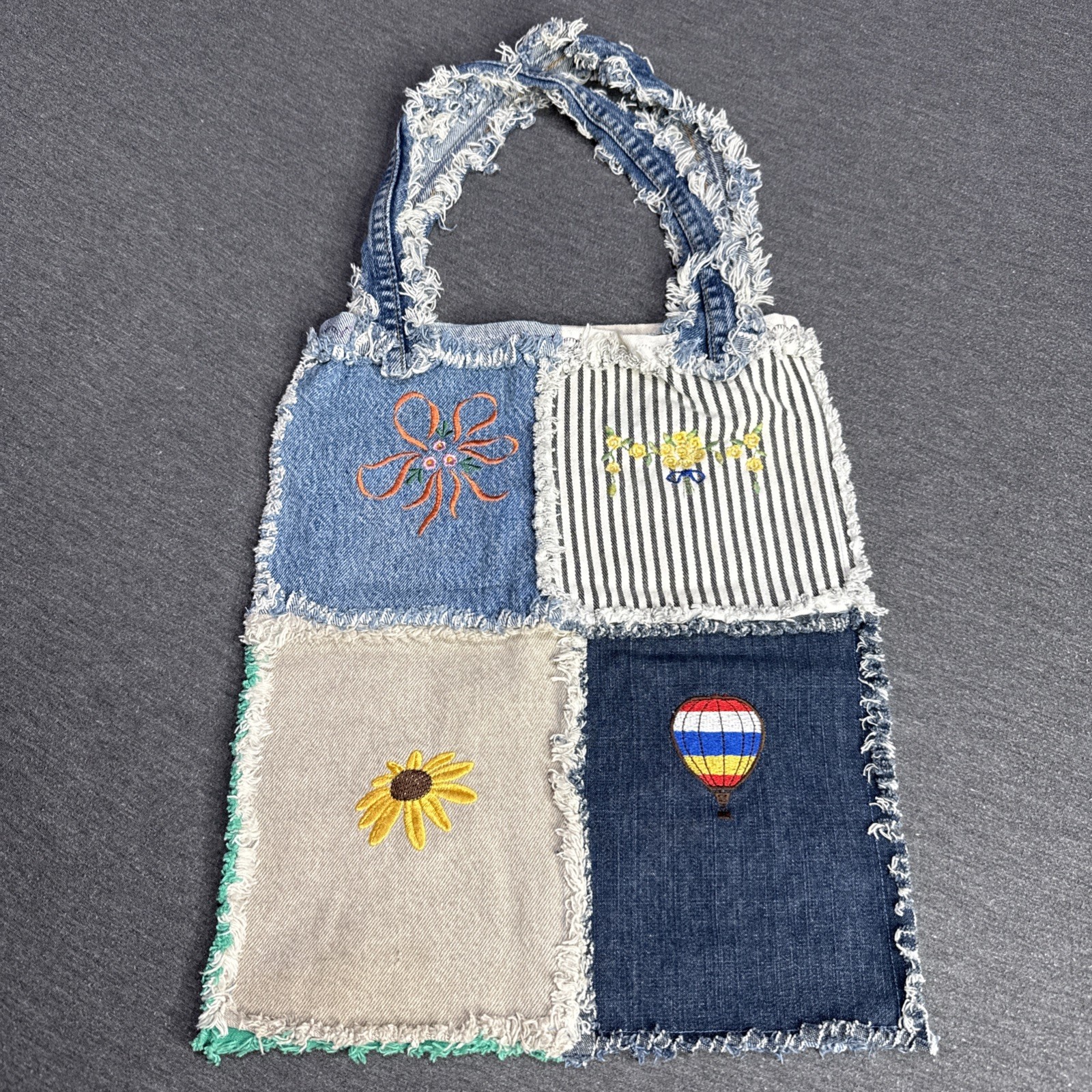 Handmade Denim Patchwork Tote Bag Embroidered Flo… - image 1