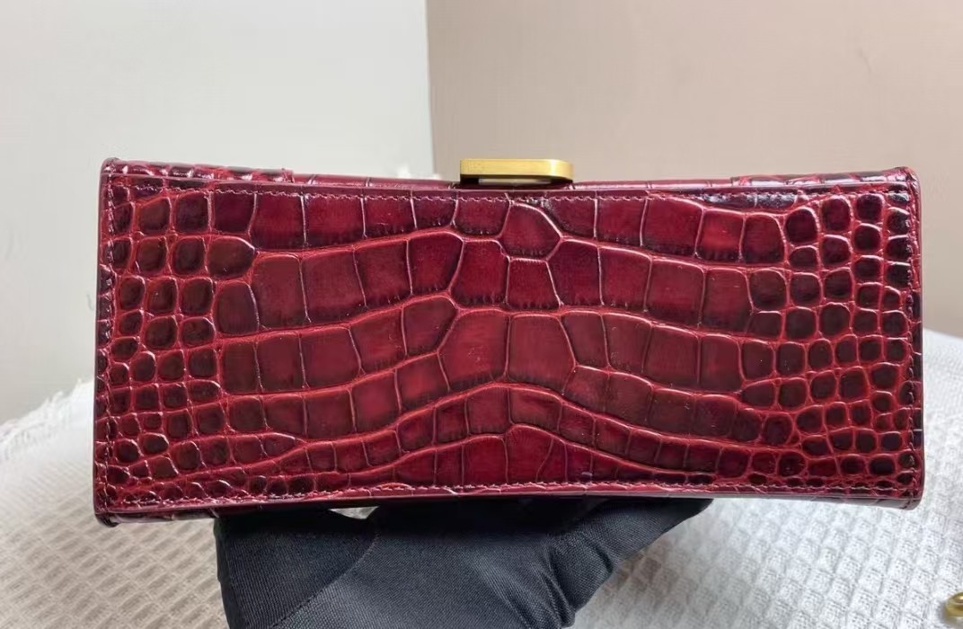 Balenciaga Hourglass S Crocodile Embossed Calfskin Burgundy Gold