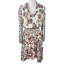 Farm Rio Anthropologie Floral Smocked Waist Tassel Dress Cream Pink Small