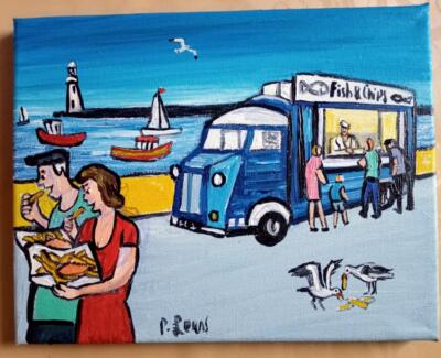 Original Northern Art Ölgemälde Phil Lewis 8'' x 10'' MEERESSEITE FISCH & CHIPS