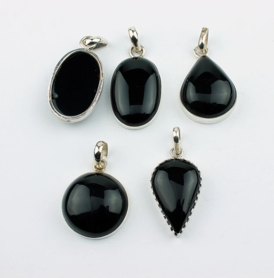 Pendente In Onice Pietre Preziose Incastonate In Argento 925 Cabochon Nero - Immagine 2 di 2