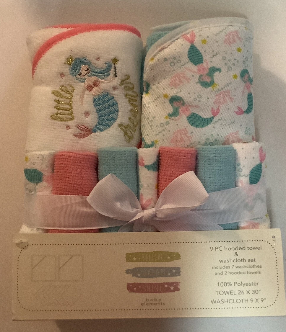 Baby Elements 9 Pc Pink White Little Dreamer Hooded Towels and Washcloths
