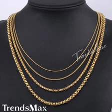 2-5mm Mens Chain Gold Plated Stainless Steel Round Box Link Necklace Christmas