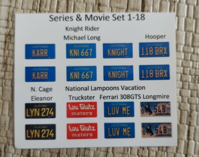 Movie & Series 1:18 scale water slide license plate decals white backing #8