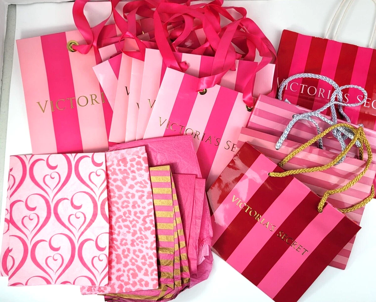 11 Victoria Secret Paper Gift Bag Lot Pink Red Stripe Ribbon Cord