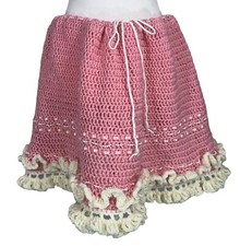 HandMade Crochet Skirt Pearl Ruffle Lace Beaded Whimsical FairyCore Victorian XL