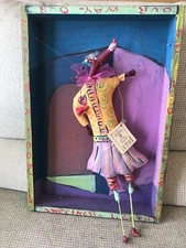 WHIMSICAL HAND PAINTED FOLK ART SHADOW BOX DIMENSIONAL WOLF IN GIRL'S CLOTHING
