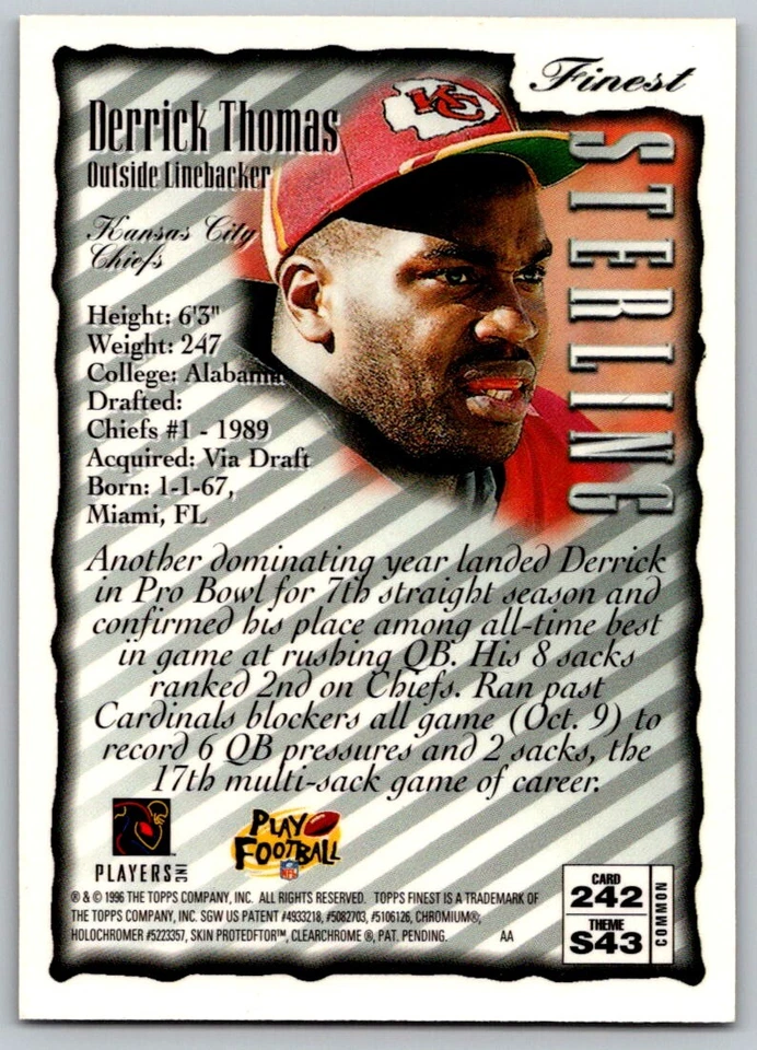 1996 TOPPS FINEST DERRICK THOMAS STERLING THEME S43 KANSAS CITY CHIEFS #242 - Image 2 of 2
