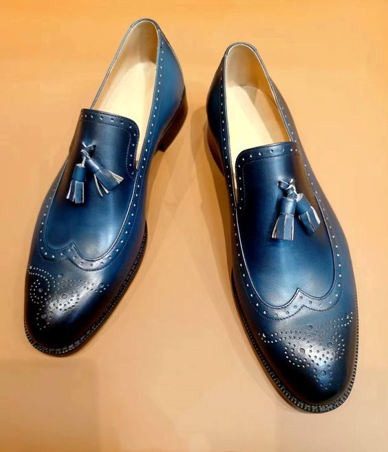 Handmade men navy blue dress moccasin, men leather brogue formal shoes | eBay Handmade men navy blue dress moccasin, men leather brogue formal shoes | eBay