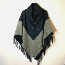 Apt. 9 Poncho Cape One Size Black Tan Toggle Fringe Shawl Collar Acrylic Wrap