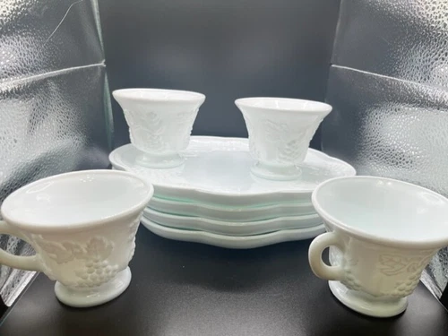 INDIANA GLASS WHITE MILK GLASS LUNCHEON SNACK PLATES AND TEA CUPS SET OF FOUR