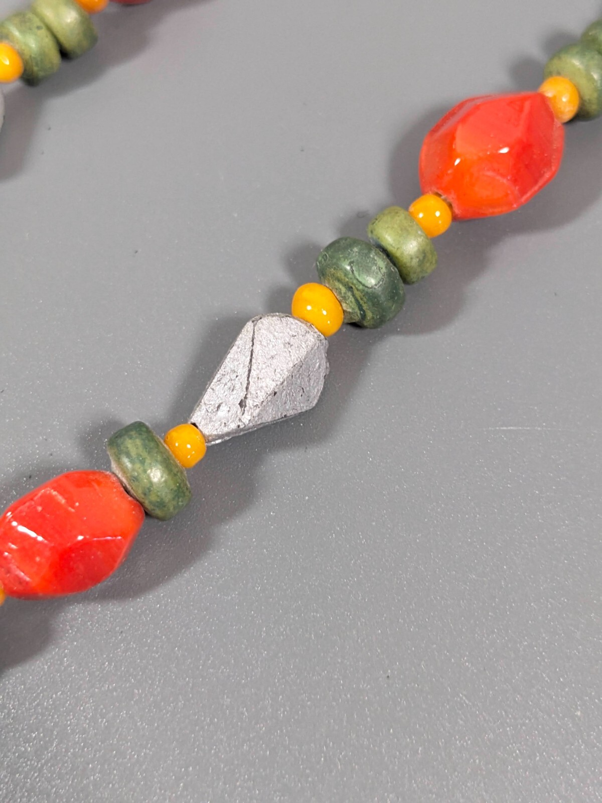 Beachy Coastal Tribal Orange Green Heart Charm Beaded Necklace 17 inch