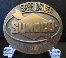 Sunoco Co. Trademark Logo SAFE DRIVER 20 Brass Belt Buckle Fuel Oil Gas Refining