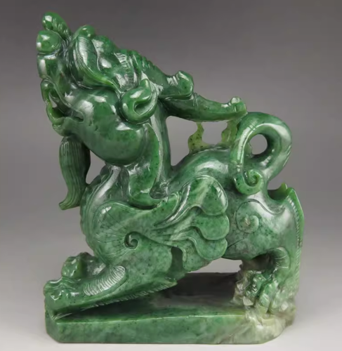 Exquisitely Carved Natural Hetian Green Jade Pixiu Statue Decor