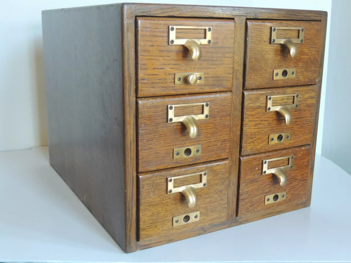 Vintage Oak Wood 6 Drawer Index Card File Dovetail Library Cabinet Furniture