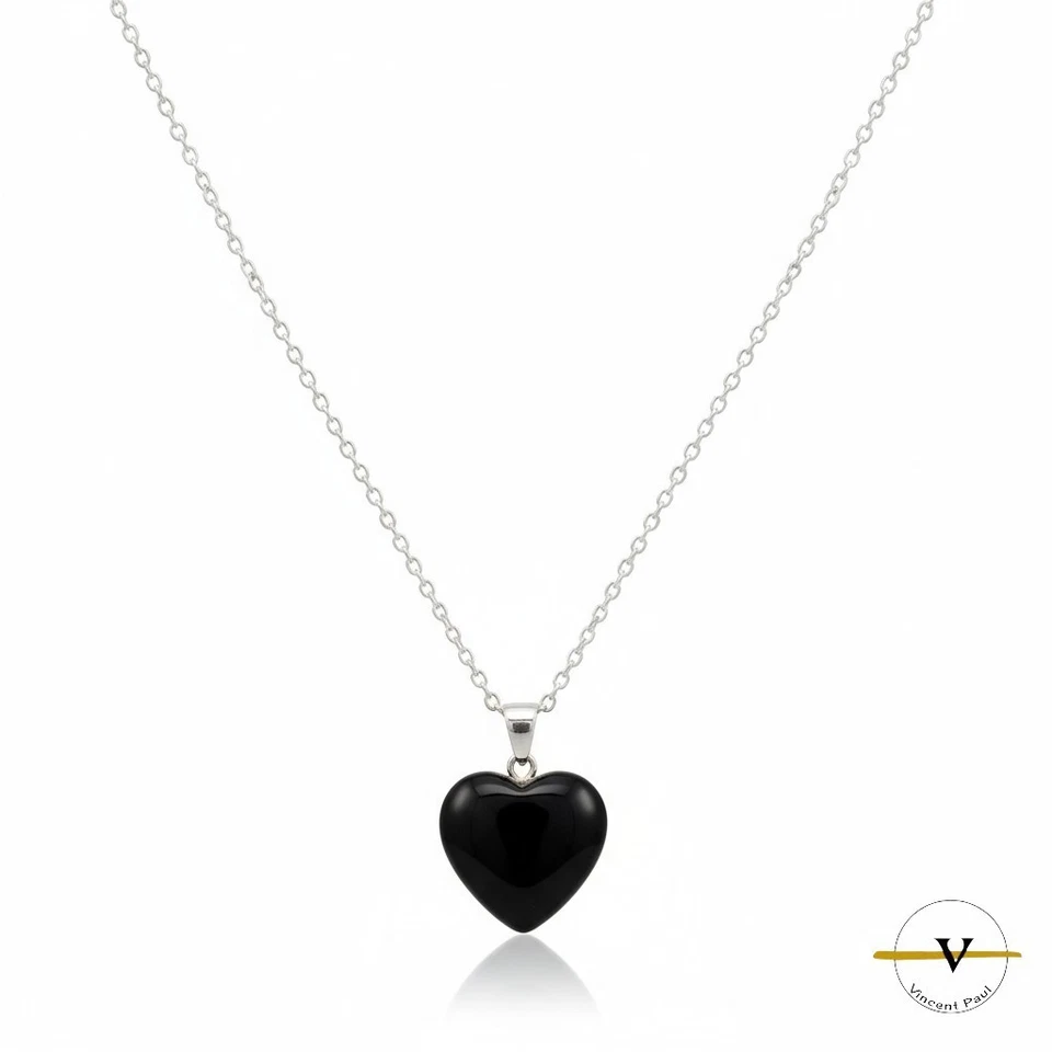 COLLANA DONNA ARGENTO 925 RODIATO PIETRA NATURALE OSSIDIANA NERA FORMA DI CUORE - Immagine 3 di 4