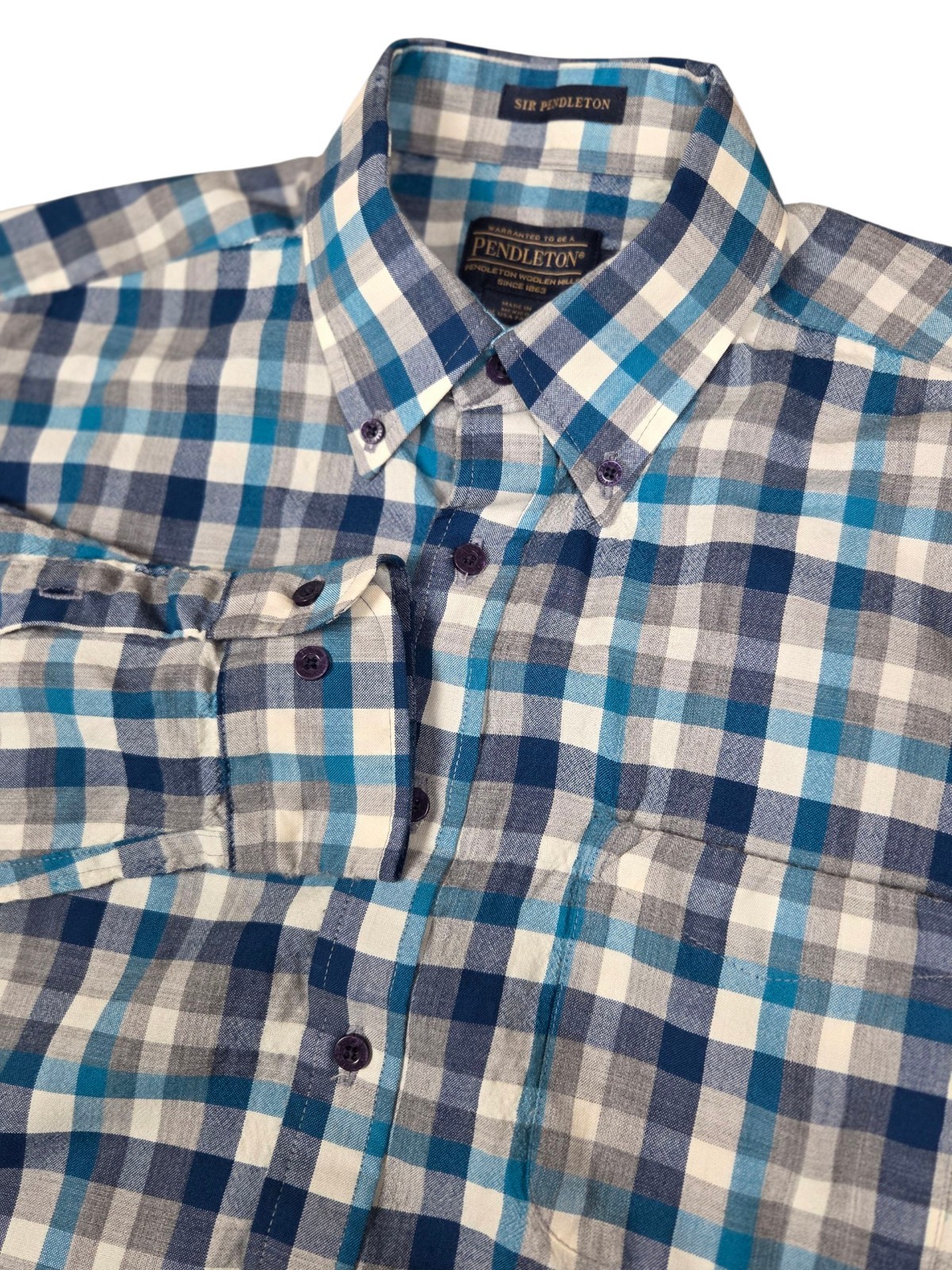 Sir Pendleton Button Down Blue/Gray Check Wool L/… - image 2
