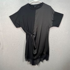 AllSaints Size 2 Black Asymmetrical T-Shirt Dress Lace Hem And Side Knot Detail