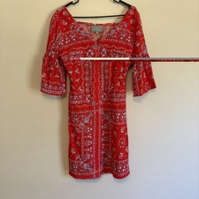 Small Skies are Blue Red Blue Boho Floral Print Dress Bell Sleeves Button Lined