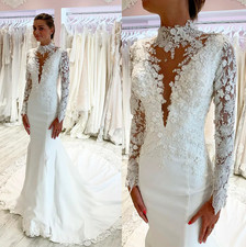 3D Floral Mermaid Wedding Dresses Beads High Neck Long Sleeve Lace Appliques