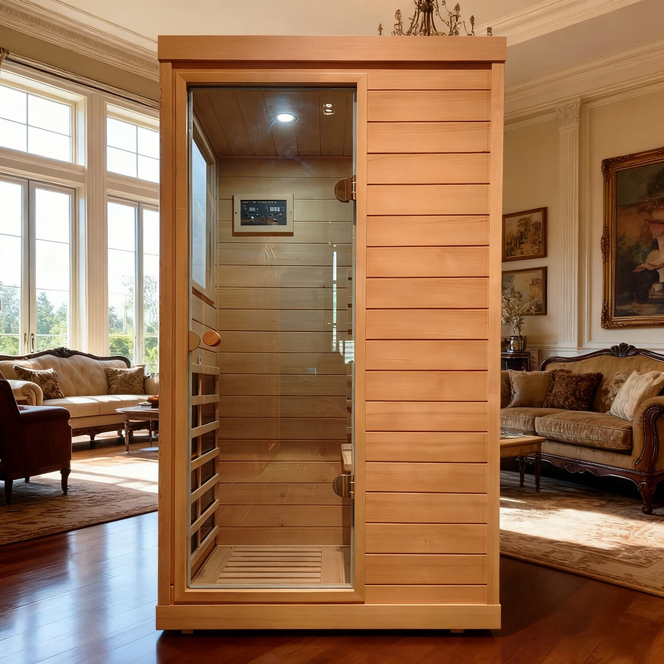 1050W 1Person Home Sauna Far Infrared Sauna Left Door Open Hemlock Wood Saunas - Image 2 of 4