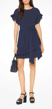 Michael Kors Women's XS Navy Fit & Flare Ruffle Tie Waist Round Neck Dress