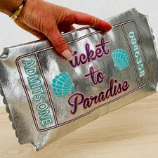 Charming Charlie "Ticket to Paradise" Silver Clutch Purse 13" x 7" / Whimsical