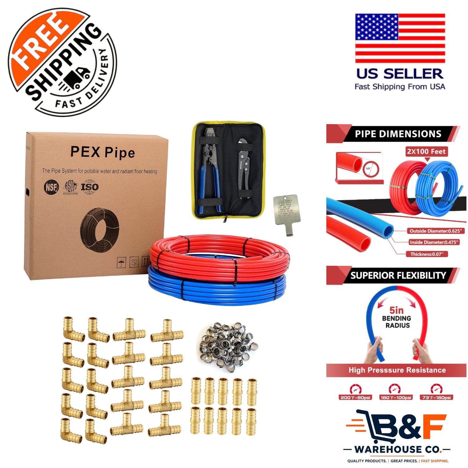 1/2 Inch PEX-b Pipe 2 x 100ft Plumbing Set - Chlorine Resistant Solutions Inside