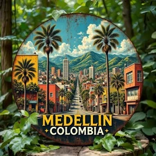 Rustic Medellin Colombia Cityscape Vintage Aluminum Wall Art