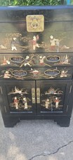 Vintage Chinese Black Lacquer Chinoiserie Cabinet With Jade Inlay