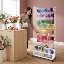 White Ribbon Rack 110lbs Load Scarves Storage Organizer W/ Universal Wheels