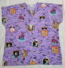 Halloween SB Scrub Top Size Large Purple Bats Ghosts Pumpkins Mummy Black Cat