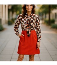 VTG Classic 60's 70's MOD City Women's Dress Sz 8 Diamond Print Orange B