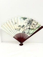 Vintage Asian Oriental Decorative Wall Fan Folding Engraved Wood Two Side Floral