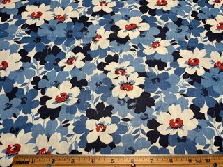 Antique Vintage Cotton Fabric 1930s 40s Blue White Red Floral 35w 1/2yd