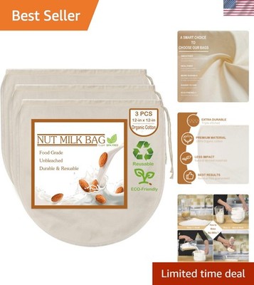 3 PCS 12''x12'' Nut Milk Bags - 100% Unbleached Cotton Cheesecloth, Reusable Fo...