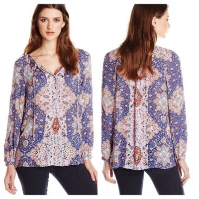 Lucky Brand Tile Print Top XL Purple Pink Extra Large Blue Purple Tie Neck Boho