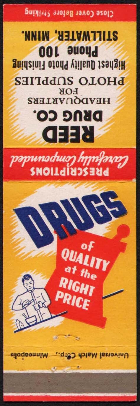 Vintage matchbook cover REED DRUG CO pharmacist pictured Stillwater Minnesota