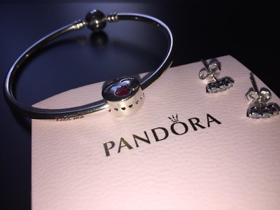 Authentic PANDORA Kiss Me 7.5” Bangle Bracelet & Earrings Gift Set 