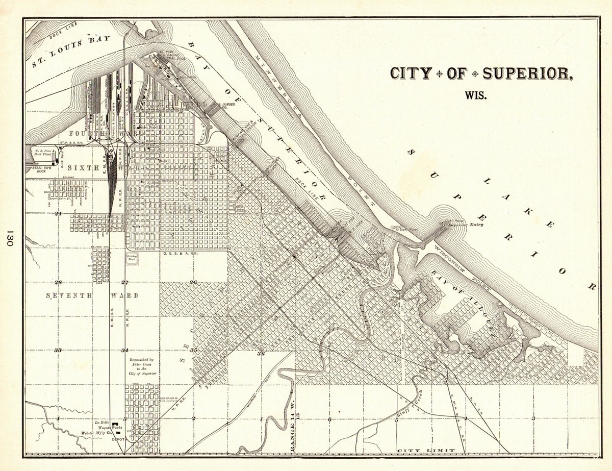 1900 Antique SUPERIOR Wisconsin Street Map George Cram City Map of