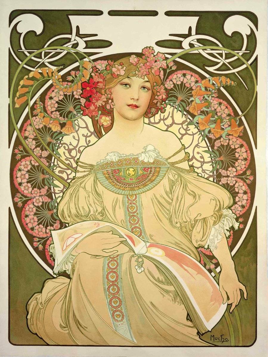 Lady Flowers in Her Hair with book by Alphonse Mucha 11 x 14.6 | eBay