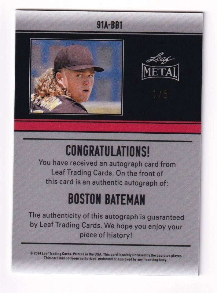 2024 Leaf Metal BOSTON BATEMAN 1991 🔥 Auto Blue Pulsar /5 - Image 2 of 2