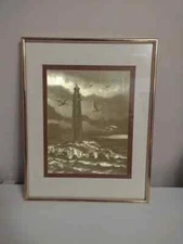 Manifestations Inc, Optical Illusionary Art Gold Foil Lighthouse Seagull Ocean 