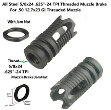 All Steel Muzzle Brake 5/8x24 .625"-24 TPI Threaded Fits .50 12.7x23mm GI