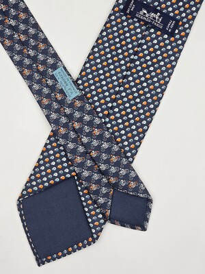 HERMES TIE 626089 FA Helmet & Motorcycle on Dark Blue Silk Necktie