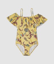  65 Seafolly Kid Girls Yellow Paisley One-Piece Ruffle Tank Swimsuit Size AUS 12