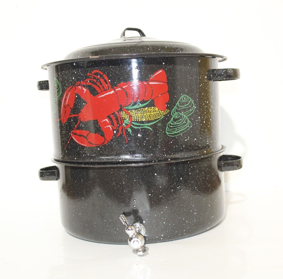 Vintage Clam Broth Enamel Double Steam Pot Lobster Corn w strain Spigot COMPLETE eBay