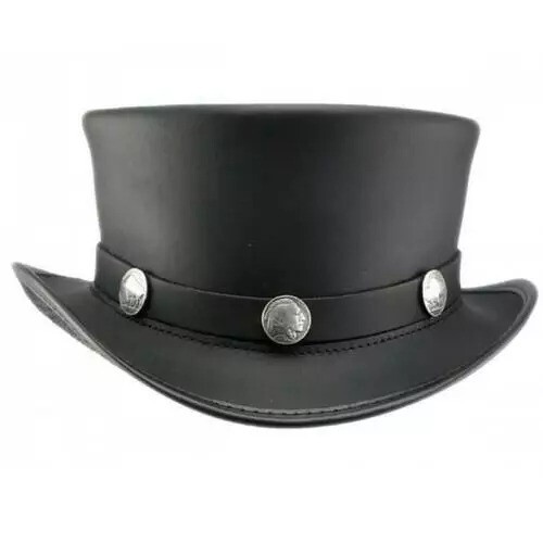 Men’s Black Steampunk Cowhide Leather Top Hat with El Dorado Buffalo Band