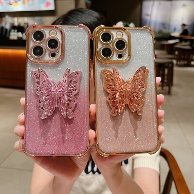 3D Glitter Phone Case W/ Butterfly Kickstand For iPhone 17 Pro Max 16 15 13 12